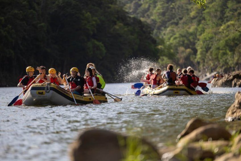 Two groups of people in inflatable boats on a river surrounded by greenery. 5