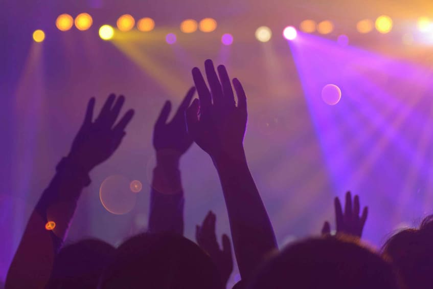 A crowd of people with raised hands at a concert. 3