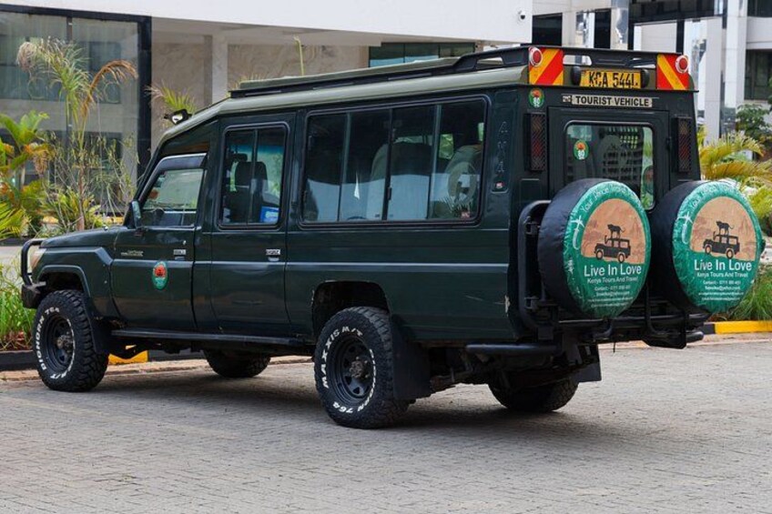 A green off-road vehicle with 'Live In Love' decals, parked in front of a building with glass windows and plants. 3