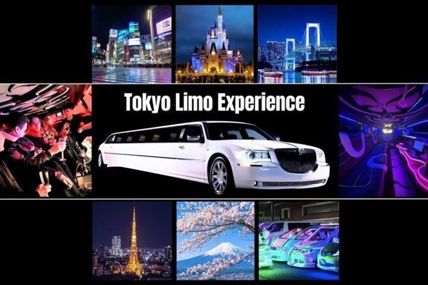 A white limousine, Tokyo landmarks, and a cherry blossom tree. 4