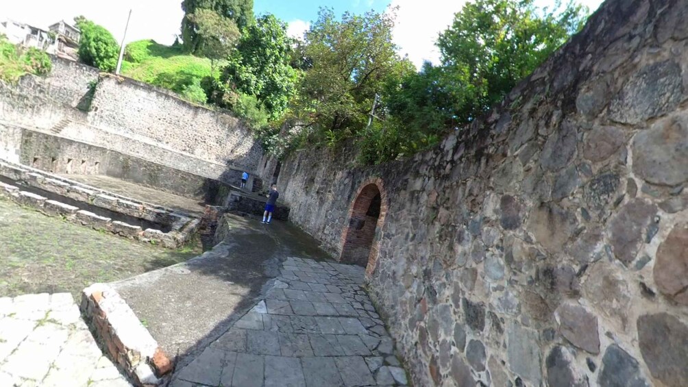 A stone pathway leading to an arched entrance, surrounded by greenery and a stone wall. 2