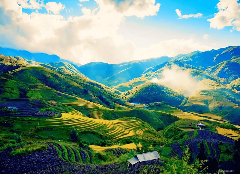 Terraced rice fields, a small house, and rolling hills under a partly cloudy sky. 3