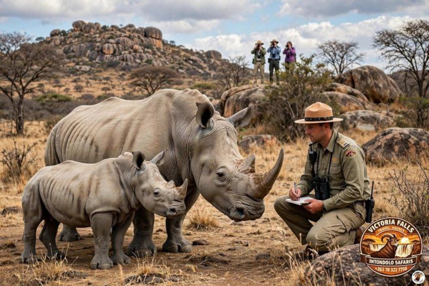 A rhinoceros with a calf in a dry savanna landscape with rocky hills and a safari guide. 3