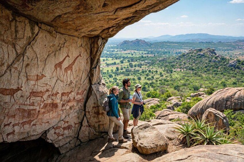 A rock formation with prehistoric animal paintings, a group of hikers, and a vast landscape with distant mountains. 2