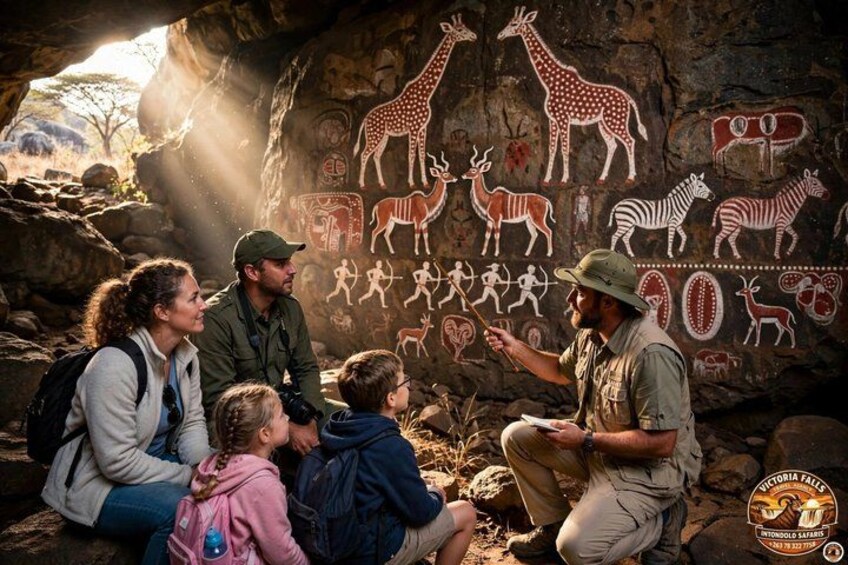 A family observing prehistoric cave paintings of animals. 4