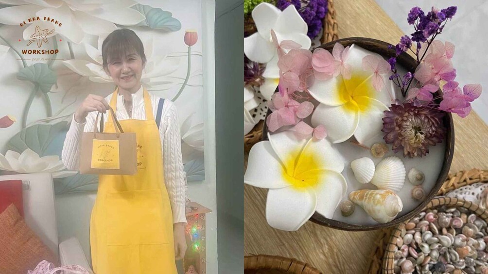 A person holding a bag with a workshop logo, surrounded by flowers and seashells. 3