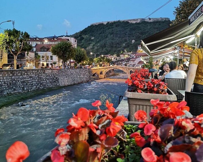 A river with a stone bridge, red flowers in pots, and buildings in the background. 2