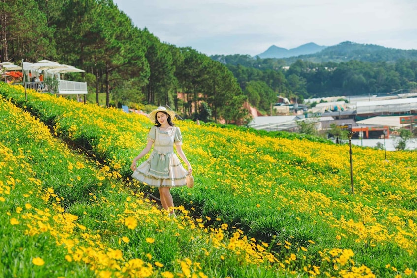 A woman in a field of yellow flowers with a mountainous backdrop. 5