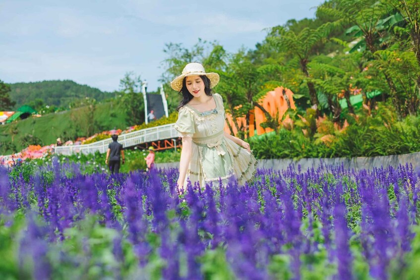 A person in a field of purple flowers, with a bridge and greenery in the background. 4
