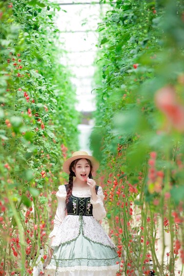 A person in traditional attire standing in a garden with red berries. 2
