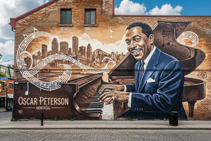 A mural of Oscar Peterson on a city building. 1