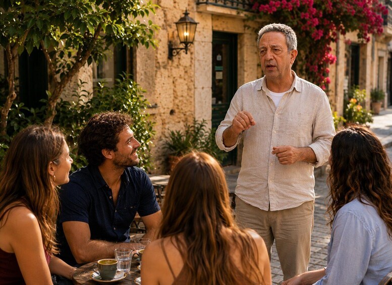A group of people seated at an outdoor table, conversing in a courtyard with a stone building and flowering plants in the background. 1