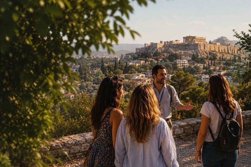 A group of people standing on a stone wall overlooking a historic cityscape with ancient ruins. 4