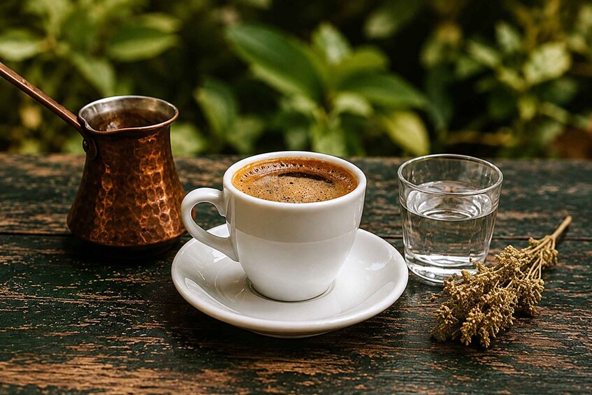 A white cup of coffee on a saucer, a copper coffee pot, a glass of water, and dried flowers on a wooden table with greenery in the background. 2
