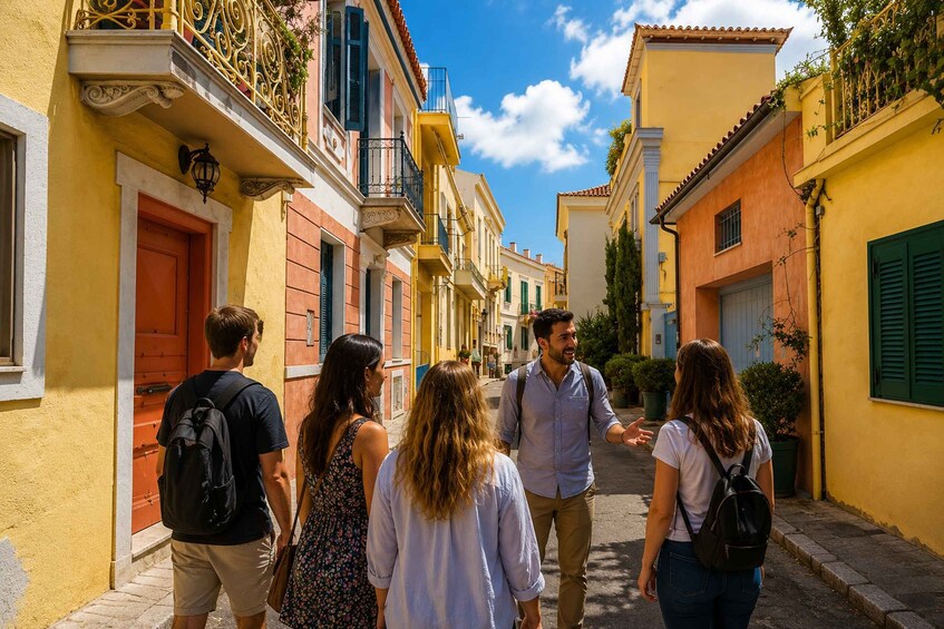 A group of people walking down a narrow street lined with colorful buildings. 5