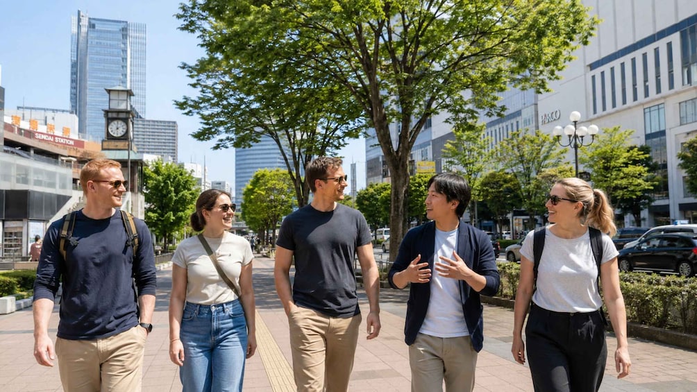 A group of people walking on a city sidewalk with buildings and trees in the background. 2