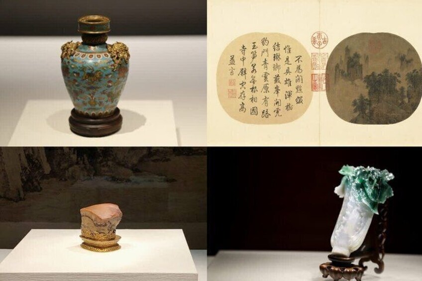 A blue vase with gold accents, a calligraphy scroll, and a jade sculpture. 4
