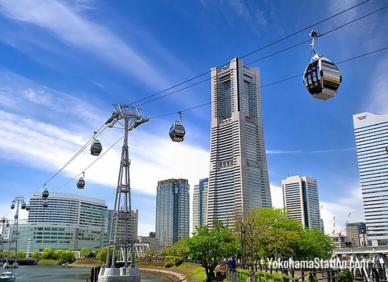 A cityscape with modern skyscrapers, a cable car system, and a river. 1
