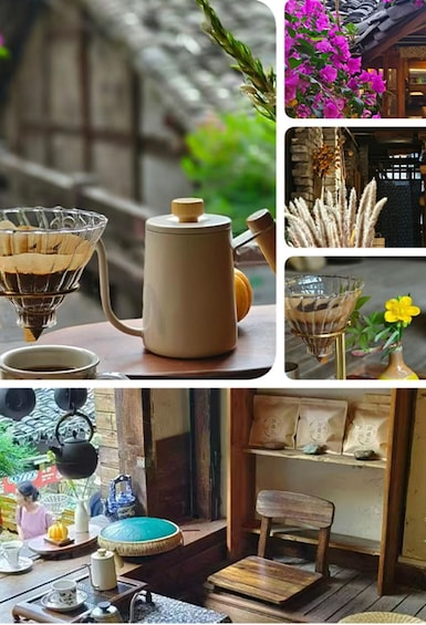 A rustic tea set, a traditional house, and a shelf with tea bags. 5