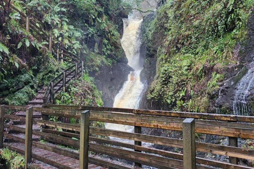 A wooden bridge leading to a waterfall in a forested area. 2