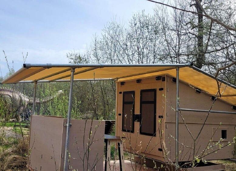A small, single-story cabin with a brown exterior and a yellow awning, surrounded by trees and a clear sky. 2