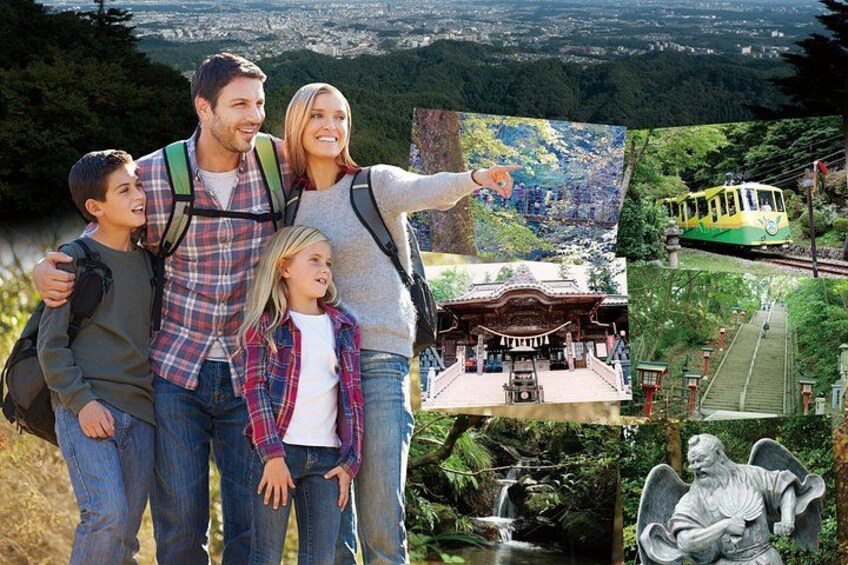A family with backpacks, a scenic mountain view, a traditional building, a train, a waterfall, and a statue. 1