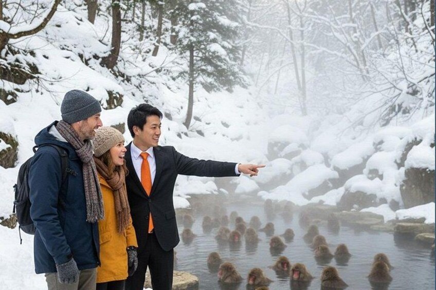 A family of four in a snowy forest, pointing at a group of dogs in a hot spring. 1