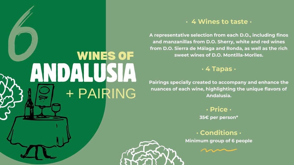 A promotional graphic for a wine tasting event in Andalusia, featuring 6 wines and pairing tapas. 1