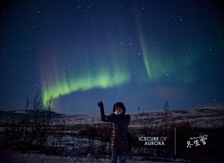 A person standing in a snowy landscape under a night sky with the aurora borealis. 1