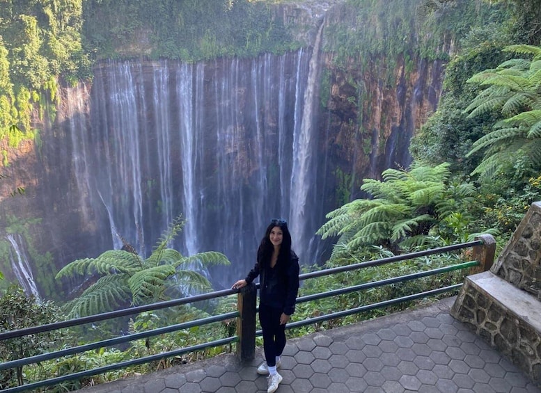 A person standing on a viewing platform with a waterfall in the background. 1