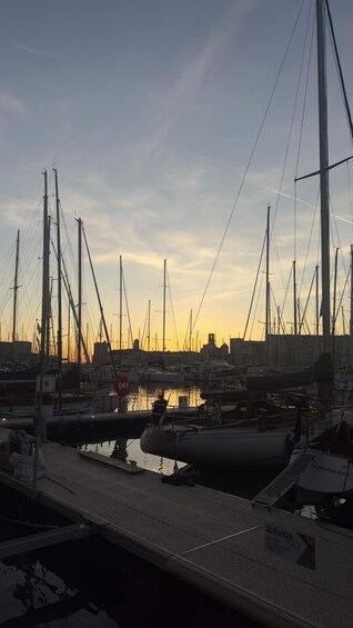 A marina with multiple sailboats docked, a clear sky, and a sunset. 4