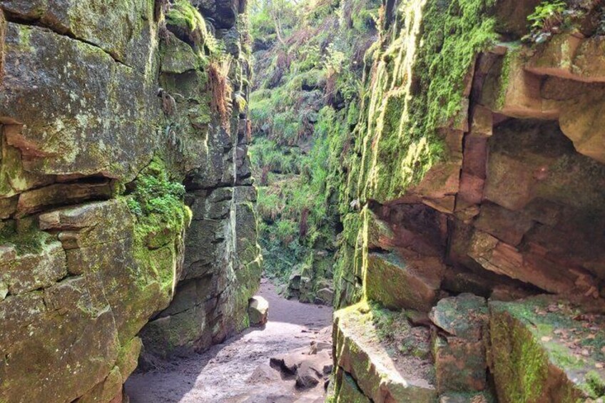 A narrow canyon with rocky walls and a path leading through it. 2