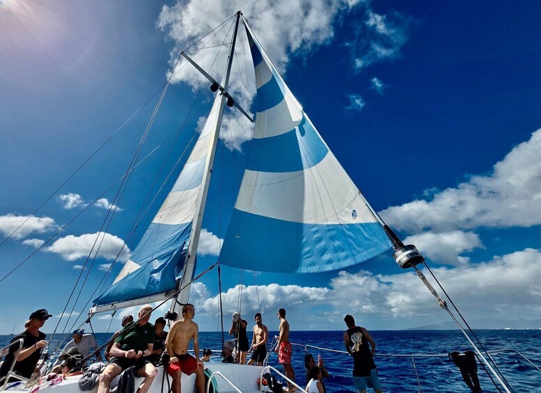 A sailboat with multiple crew members on deck, a clear blue sky, and the ocean in the background. 3