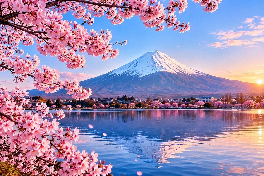 Un monte nevado, un lago tranquilo y cerezos en plena floración. 1