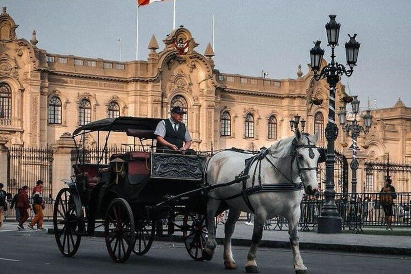 A horse-drawn carriage in front of a grand building with ornate architecture. 4