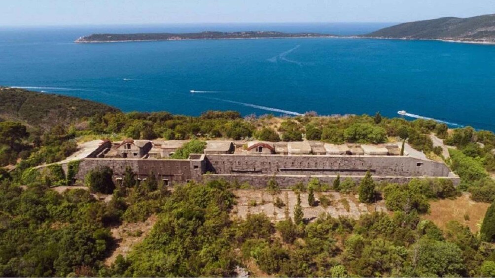 An aerial view of a coastal fortification with surrounding greenery and the sea in the background. 3