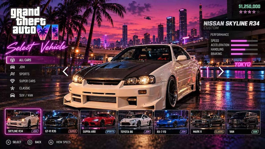 A Nissan Skyline R34 custom car in a cityscape at night. 5