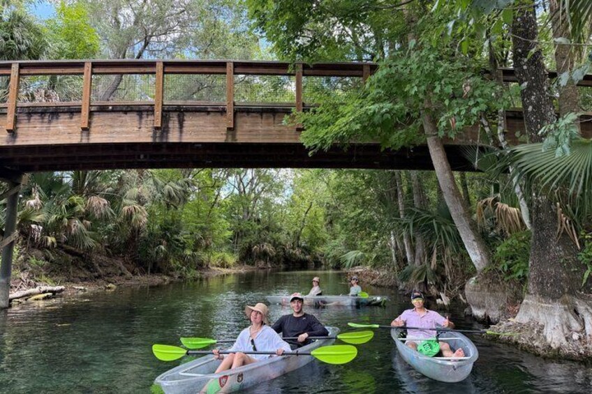 People kayaking on a river under a wooden bridge surrounded by lush greenery. 1