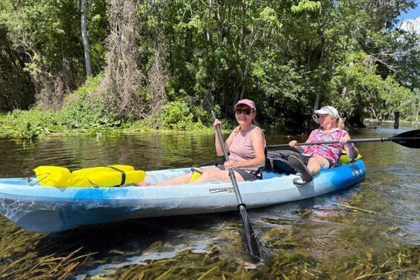 Two people in a blue kayak on a river surrounded by trees. 4