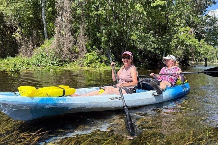 Two people in a blue kayak on a river surrounded by greenery. 2