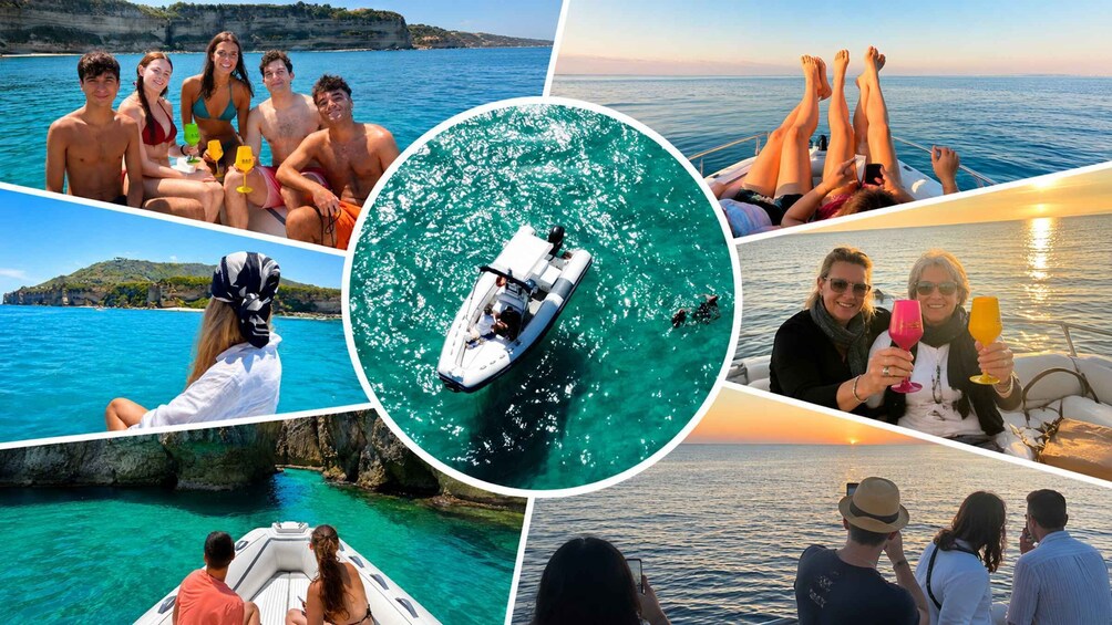 A boat on the water, people relaxing, and a rocky coastline. 2