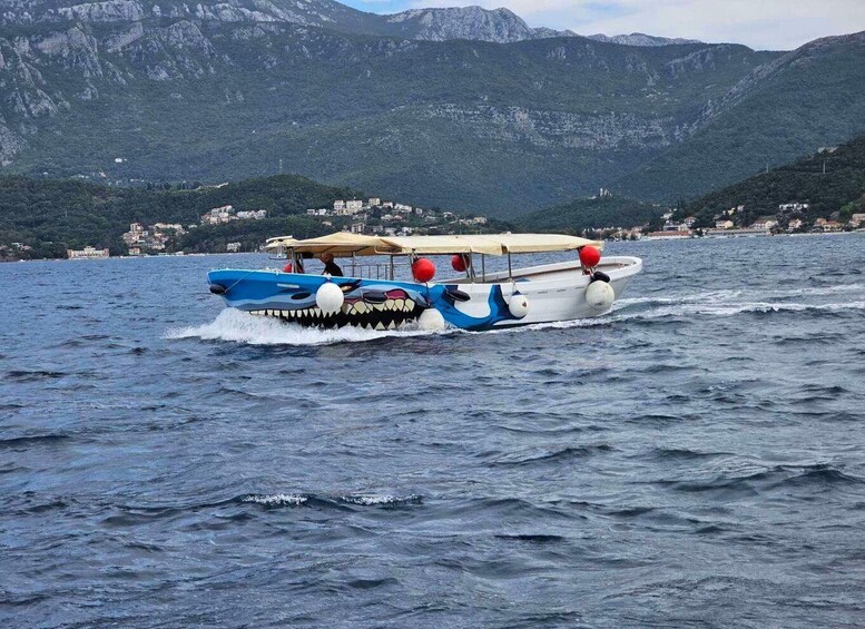 A boat with a shark design on the side, moving on a body of water with mountains in the background. 2
