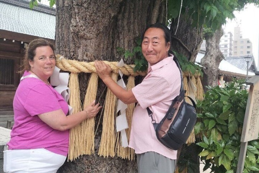 Two people interacting with a rope installation on a tree. 2