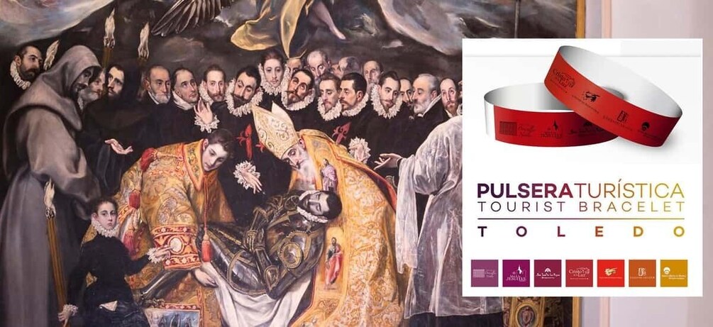 A historical painting with a red tourist bracelet and Toledo city symbols. 1