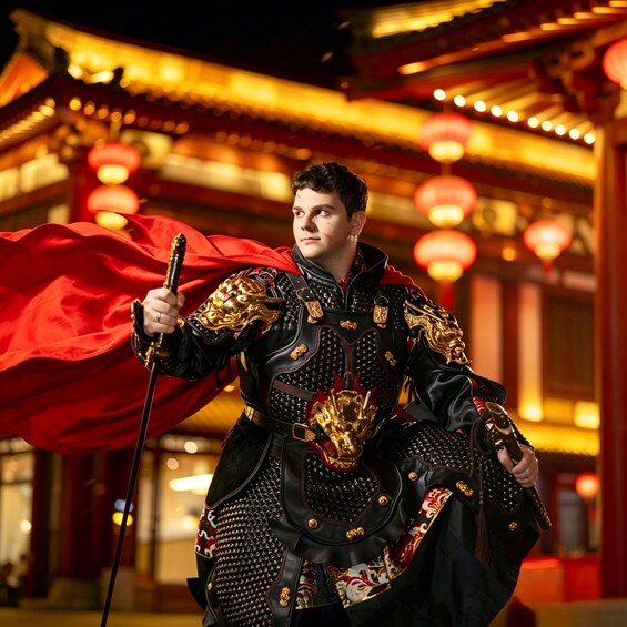 A person in traditional armor with a red cape, holding a sword, standing in front of a building with red lanterns. 4