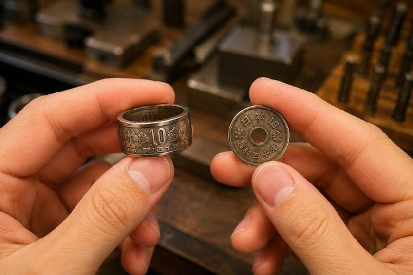 Two hands holding a coin and a ring with Japanese characters. 1