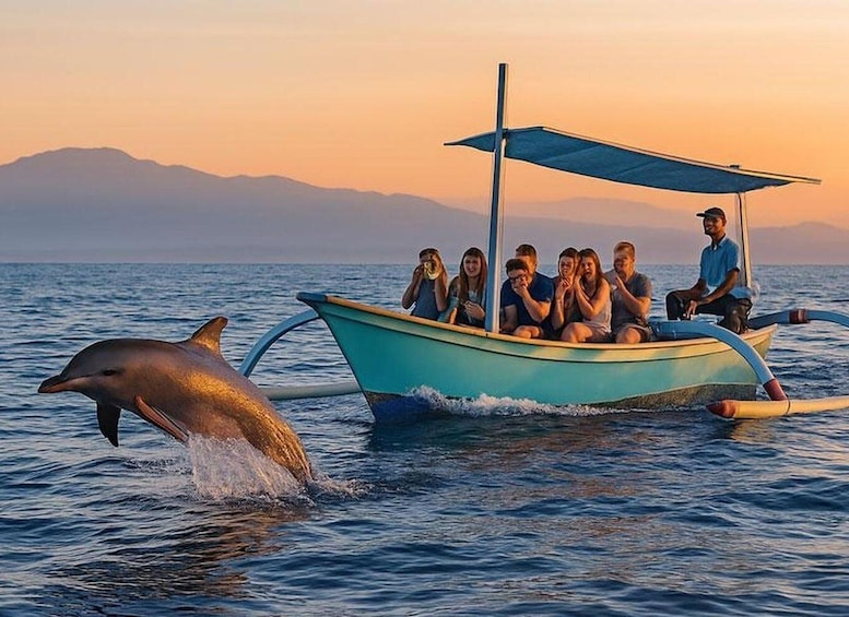 A boat with people and a dolphin in the water. 2