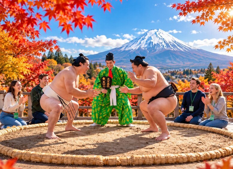 Two sumo wrestlers in a ring, a person in traditional attire, and spectators. 1