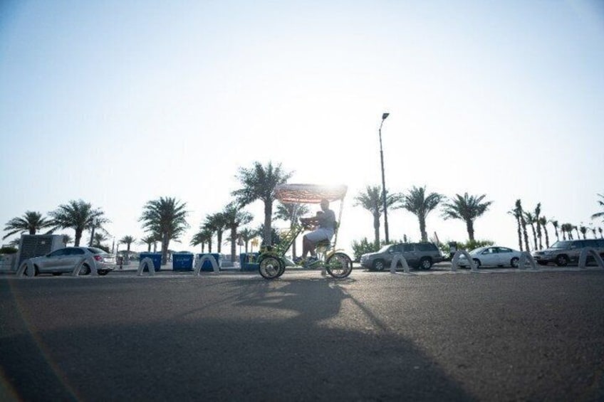 A person riding a bicycle on a road with parked cars and palm trees in the background. 4