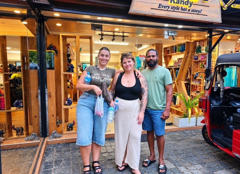 A storefront with wooden shelves and a red vehicle parked outside. 5